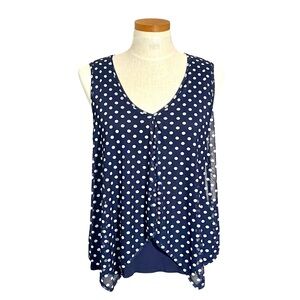 Green Envelope Los Angeles Blue Polka Dot Stretchy Sheer Sleeveless Blouse Sz M